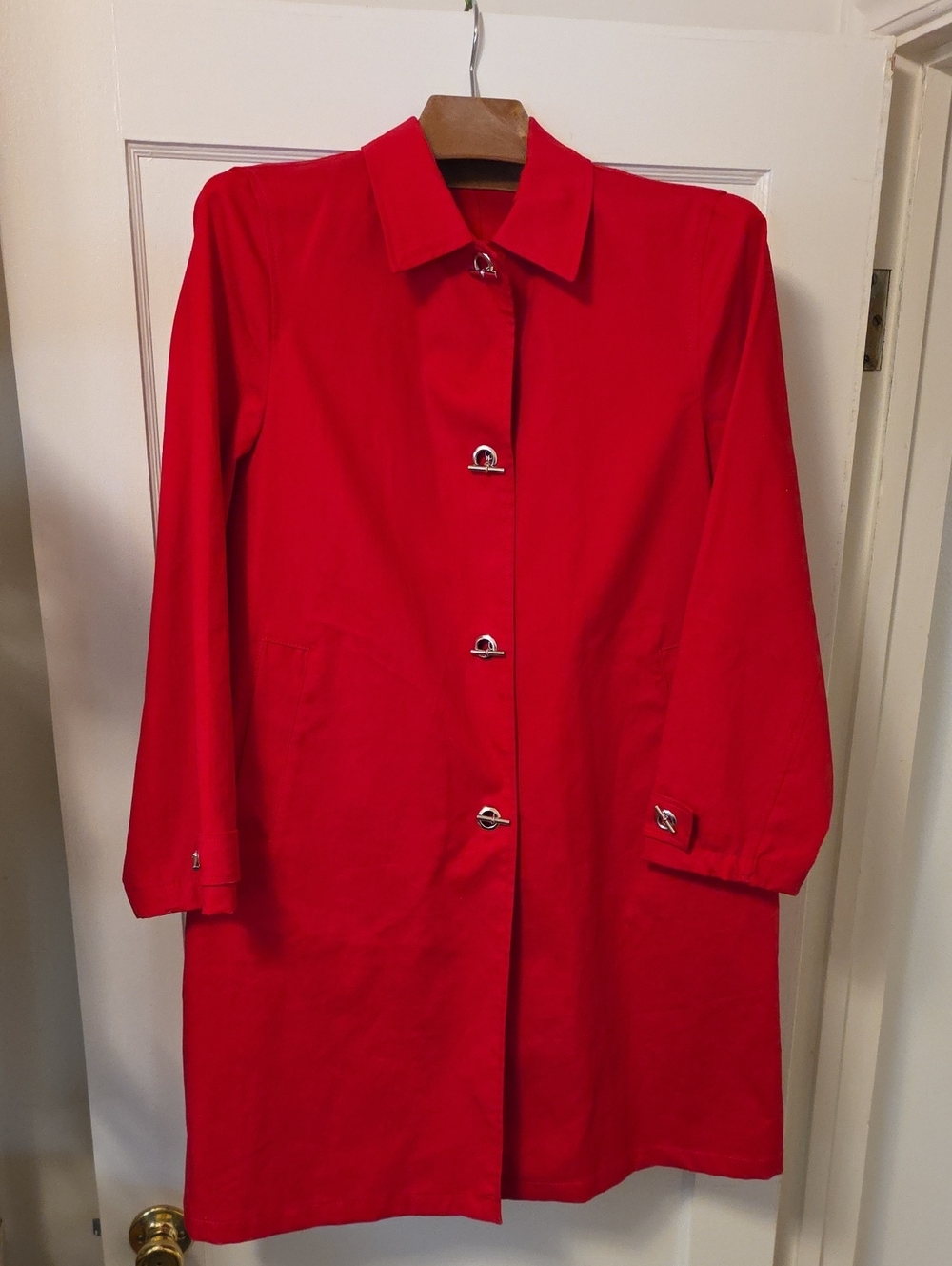 Harve Benard Bright Red Single-Breasted Trench Coat with Metal Accent Buttons